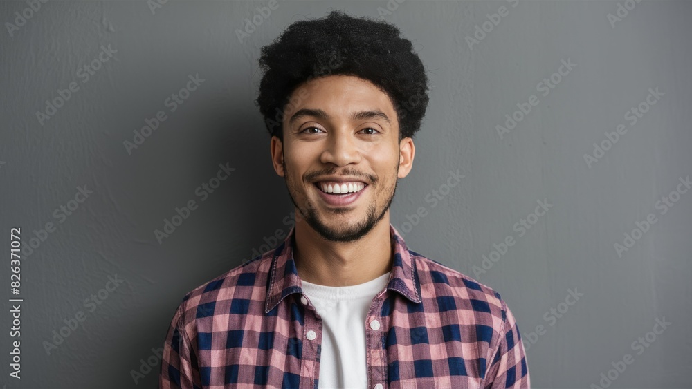 Cheerful Charisma African American Man Smiling Happily on Grey Cheerful Charisma African American Man Smiling Happily on Grey