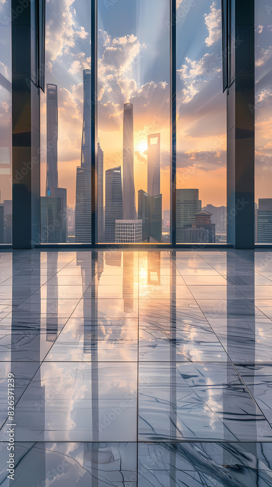 Fototapeta premium Empty modern office with city skyline view