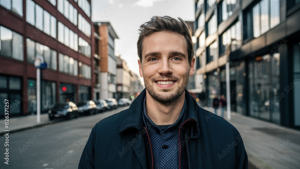 City Stroll Handsome Man Smiling at Camera Outside City Stroll Handsome Man Smiling at Camera Outside