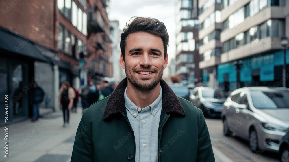 City Stroll Handsome Man Smiling at Camera Outside City Stroll Handsome Man Smiling at Camera Outside