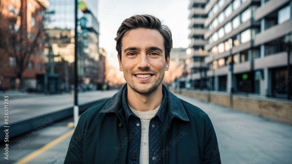 City Stroll Handsome Man Smiling at Camera Outside City Stroll Handsome Man Smiling at Camera Outside