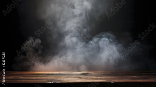 Empty wooden table with smoke Flowing on dark background, Spooky Wooden Table with Mystical Smoke for Halloween 