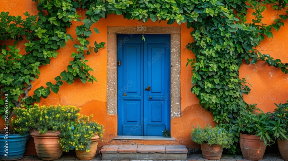 A picturesque blue doorway framed by vibrant, climbing ivy on a rustic orange wall. 