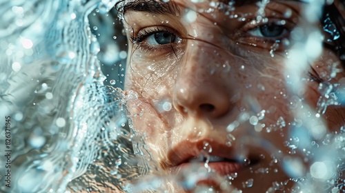  A close-up of a woman's face. Water is being splashed on her face.