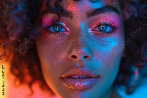 closeup beautiful black woman with curly hair with bright color makeup on neon background