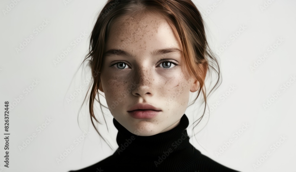 Dramatic Flair Young Freckled Beauty in Black Turtleneck on White Dramatic Flair Young Freckled Beauty in Black Turtleneck on White