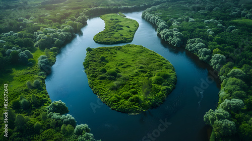 Aerial View of Serene River Flowing Through Lush Green Landscape