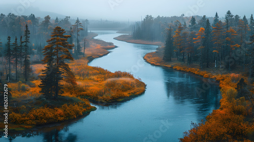 Aerial View of Serene River Winding Through Autumn Forest