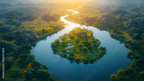 Aerial View of Serene River Flowing Through Green Landscape at Sunset