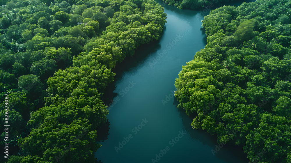 Aerial View of Lush Green Forest with Flowing River Aerial View of Lush Green Forest with Flowing River