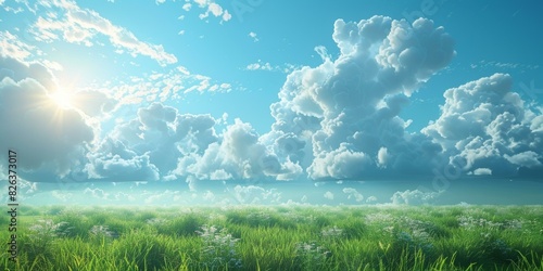 Beautiful landscape of green grass field under blue sky and white clouds