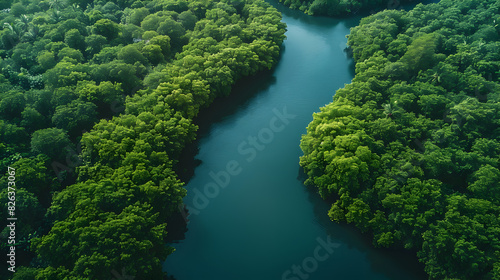 Aerial View of Lush Green Forest with Flowing River
