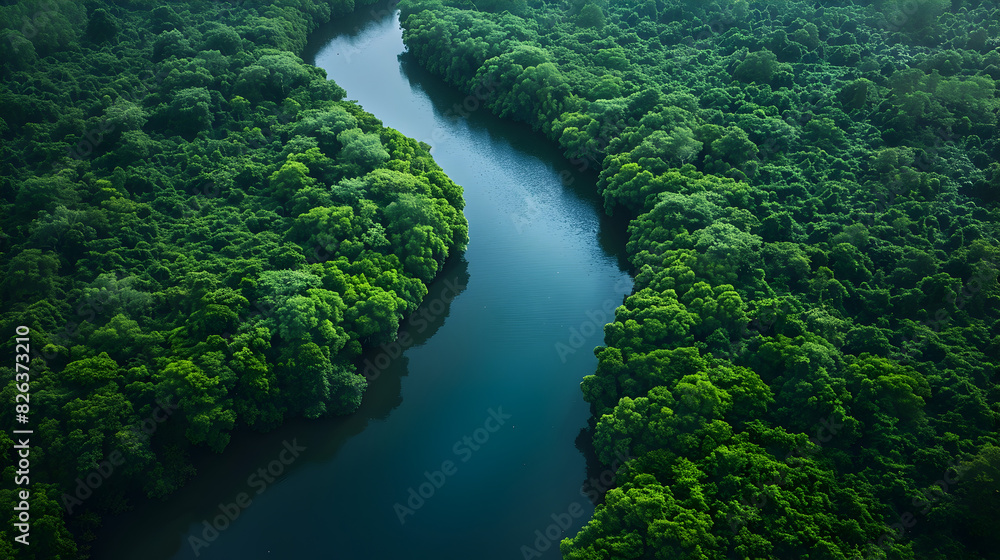 Aerial View of Lush Forest with Serene River