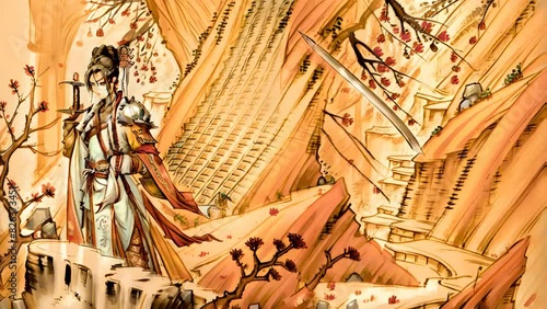 Animated artwork Asian Japanese traditional manuscript with samurais, katanas, bonsai, and sakura creating a scenic landscape