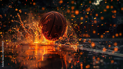 Basketball Splashing on Wet Court photo