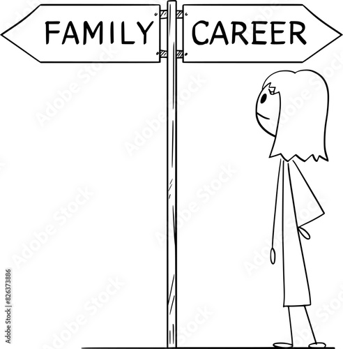 Choose family or career, vector cartoon stick figure or character illustration.
