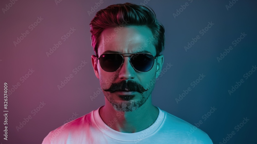 Neon Gaze Close-Up Studio Portrait of a Mysterious Man in Sunglasses and White Shirt Neon Gaze Close-Up Studio Portrait of a Mysterious Man in Sunglasses and White Shirt