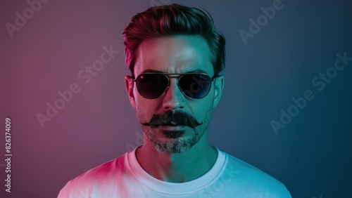 Neon Gaze Close-Up Studio Portrait of a Mysterious Man in Sunglasses and White Shirt