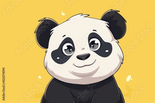 Digital illustration of an adorable smiling cartoon panda with a vibrant yellow backdrop © anatolir