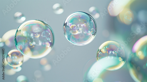 Delicate iridescent soap bubbles floating in a dreamy light