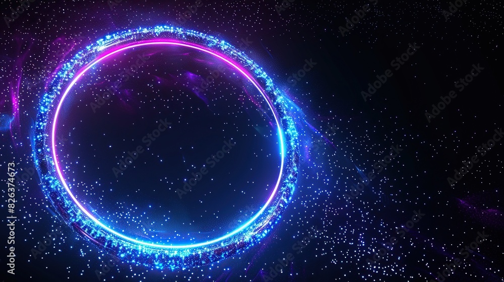 A glowing blue and purple circle against a background of stars.