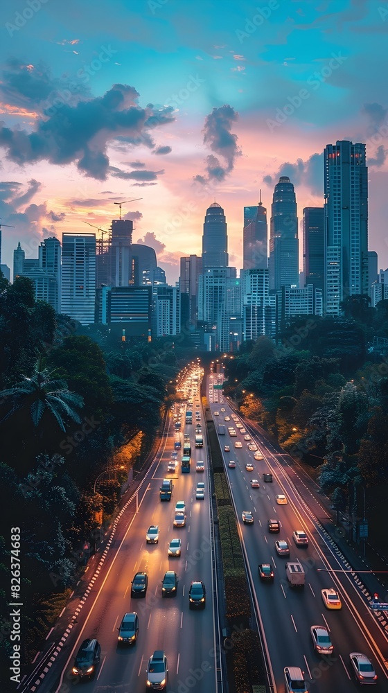 Fototapeta premium Futuristic Elevated Cycling Highway Eases Urban Congestion at Sunset