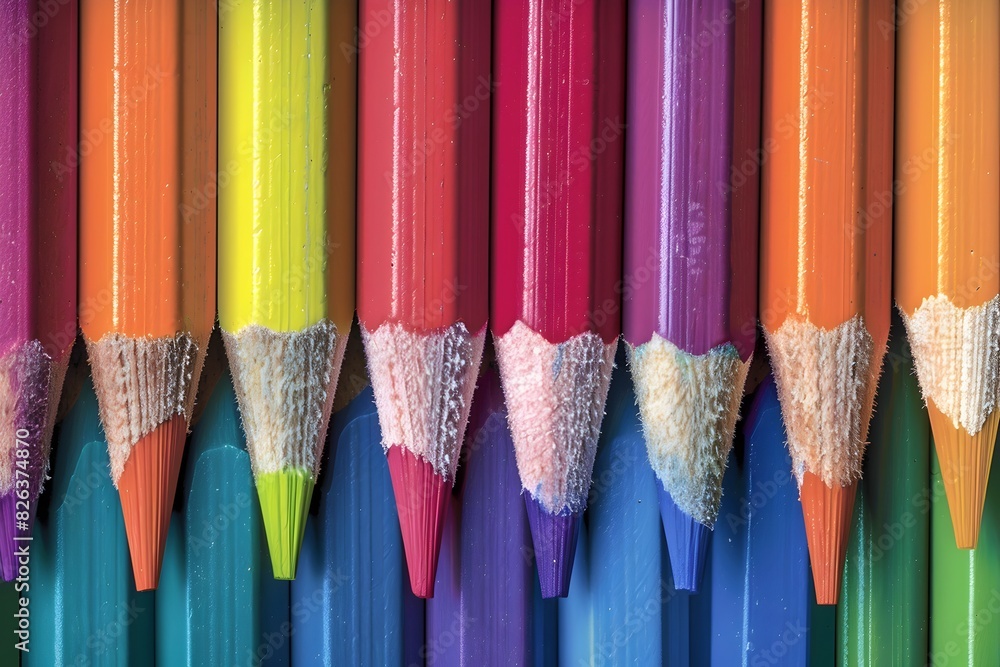 A background of colorful pencils arranged in rows, creating an intricate pattern that adds depth and vibrancy to the design
