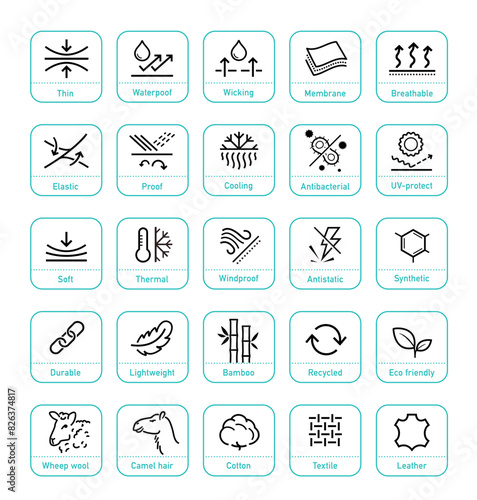 Set icons for functional fabric, clothing. The outline icons are well scalable and editable. Contrasting vector elements are good for different backgrounds. EPS10.