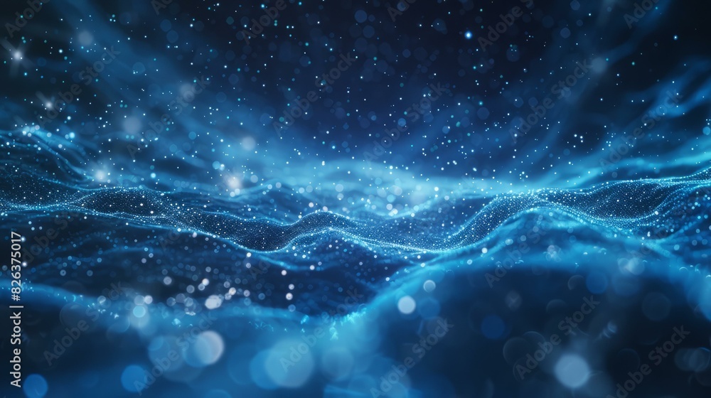 Blue Wavy Sci-Fi Futuristic Background with Glowing Light Particles Blue Wavy Sci-Fi Futuristic Background with Glowing Light Particles