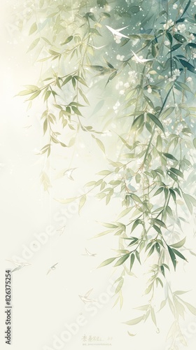 Green leaves and white flowers of a willow tree with flying birds on a beige background in Chinese style