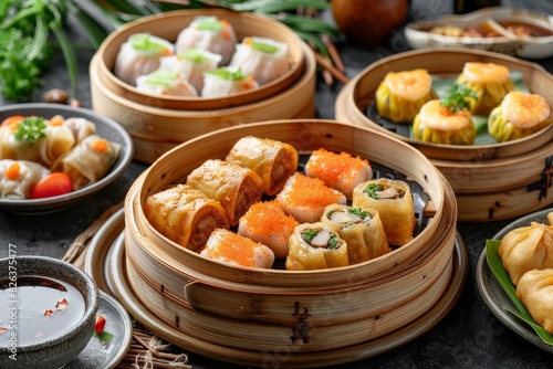 A variety of dim sum dishes in bamboo steamers