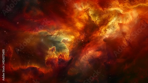 A cosmic nebula in rich hues of red, orange, and yellow, with clouds of gas and dust swirling in the depths of space.