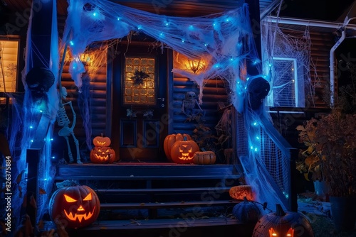 Decorated house with pumpkin lanterns, cobwebs and skeletons, night lighting