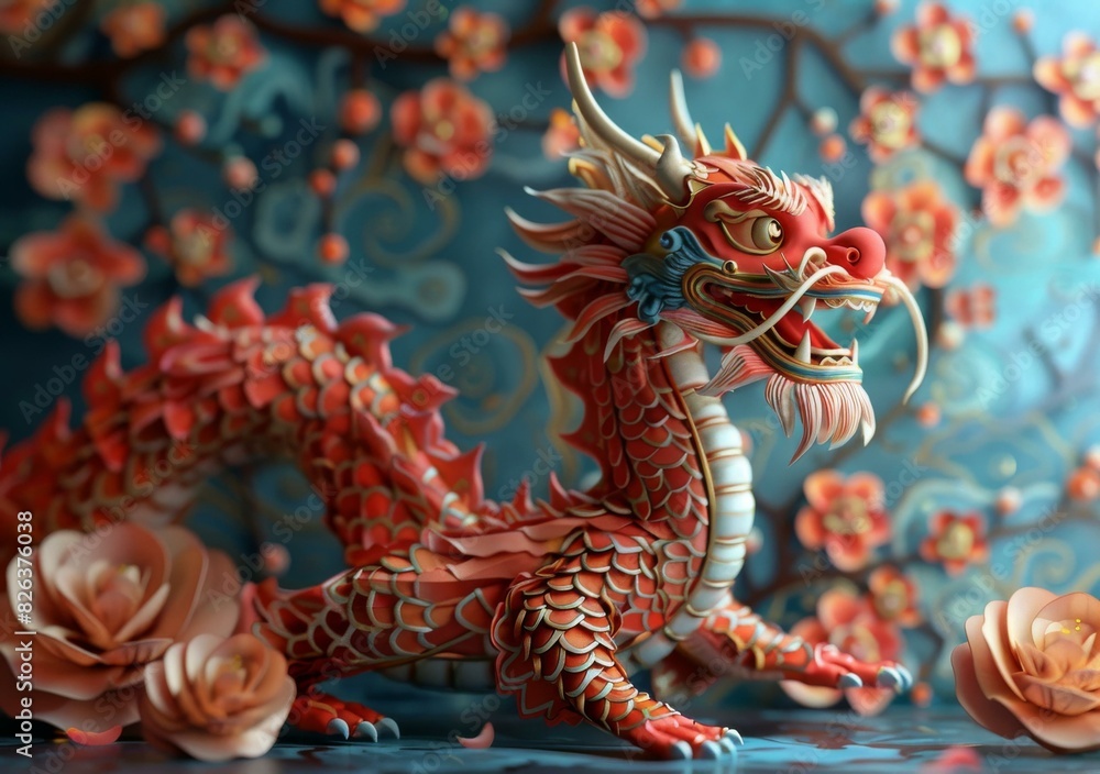 Obraz premium A 3D rendering of a red and gold dragon with peach blossoms