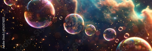 Beautiful transparent shiny background of rainbow soap bubbles. Festive background. Fantastic, cosmic texture.
