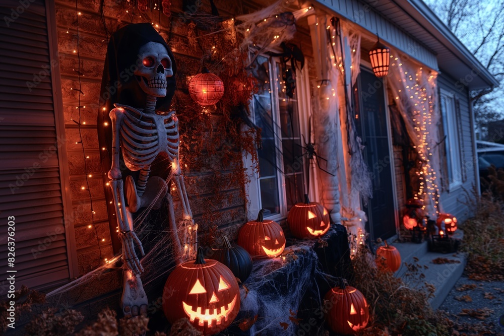 Decorated house with pumpkin lanterns, cobwebs and skeletons, night lighting Decorated house with pumpkin lanterns, cobwebs and skeletons, night lighting