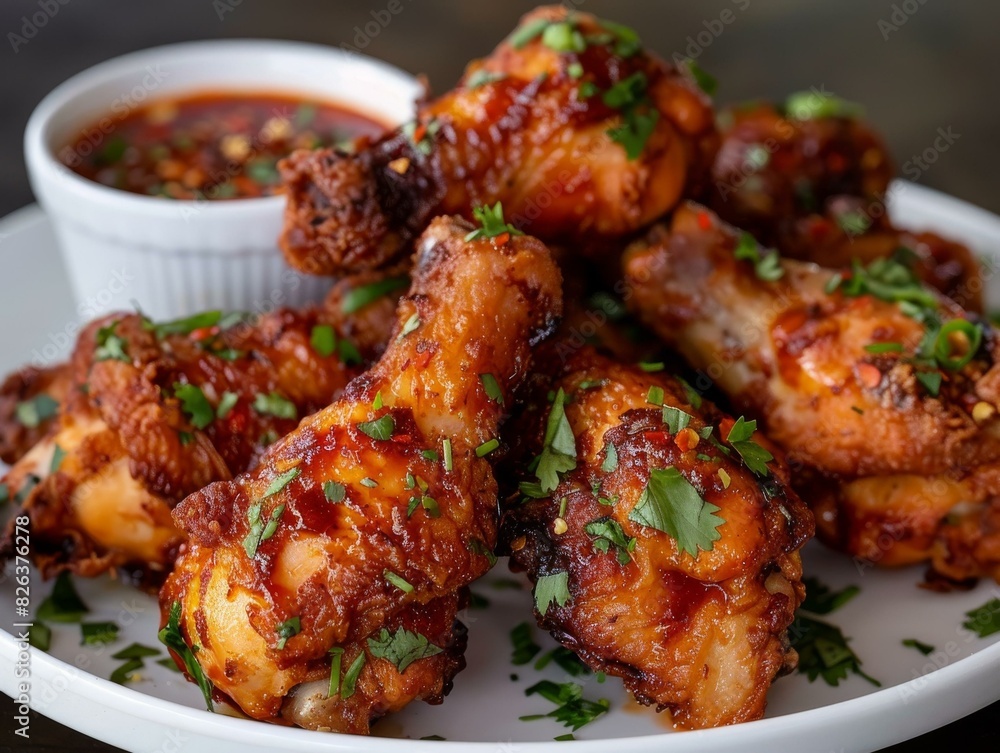 A plate of delicious looking chicken wings with a bowl of sauce A plate of delicious looking chicken wings with a bowl of sauce