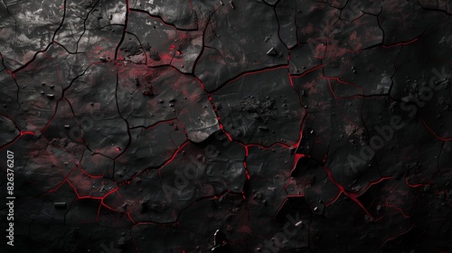 A dark, moody scene where deep grunge textures blend into a cracked, shattered surface, with hints of crimson red and black creating a sense of foreboding and destruction. photo