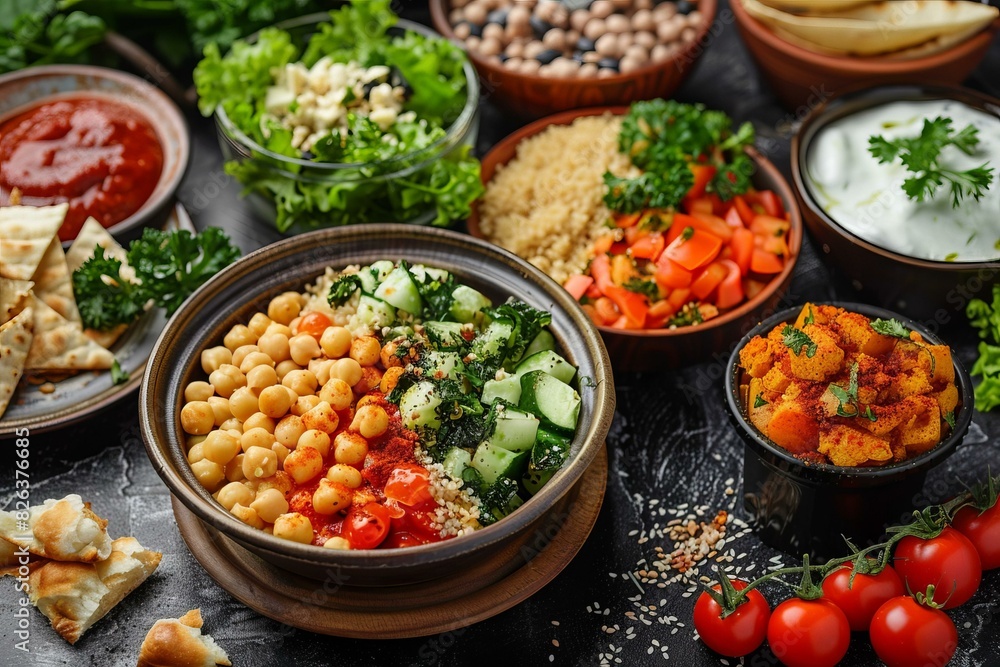 A variety of Mediterranean dishes are on the table A variety of Mediterranean dishes are on the table