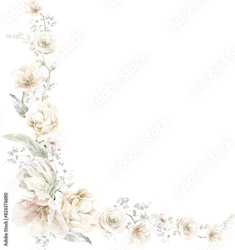 White Floral Bouquet Cream Pastel Watercolor Elegant Wedding Frame