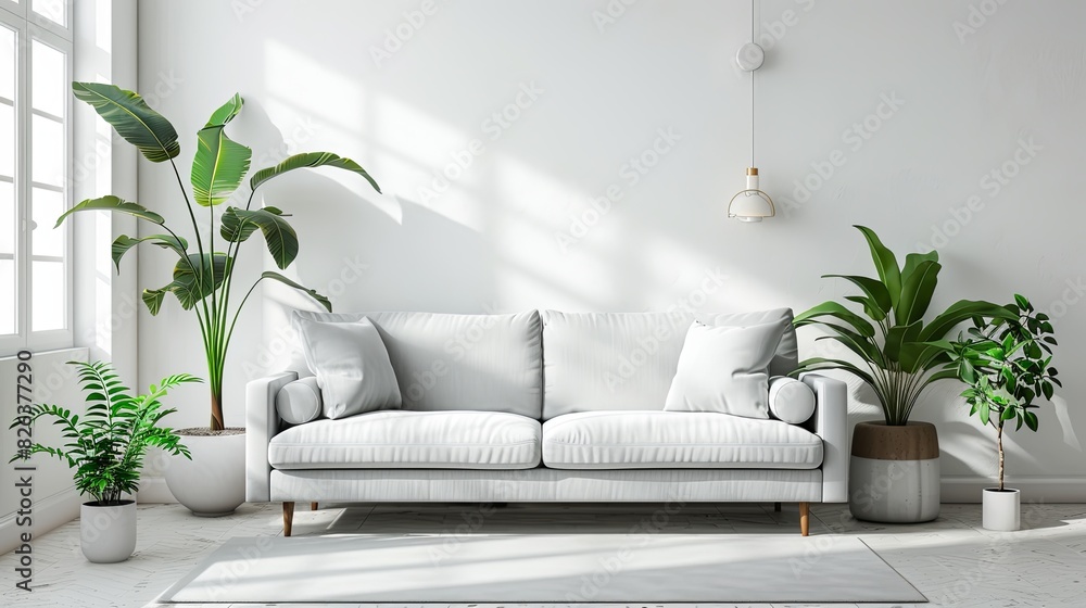 Minimalist living room with white walls, a sleek gray sofa, and a few green plants for a pop of color Minimalist living room with white walls, a sleek gray sofa, and a few green plants for a pop of color