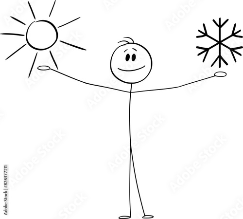 Summer or winter, sunny or cold weather, vector cartoon stick figure or character illustration.