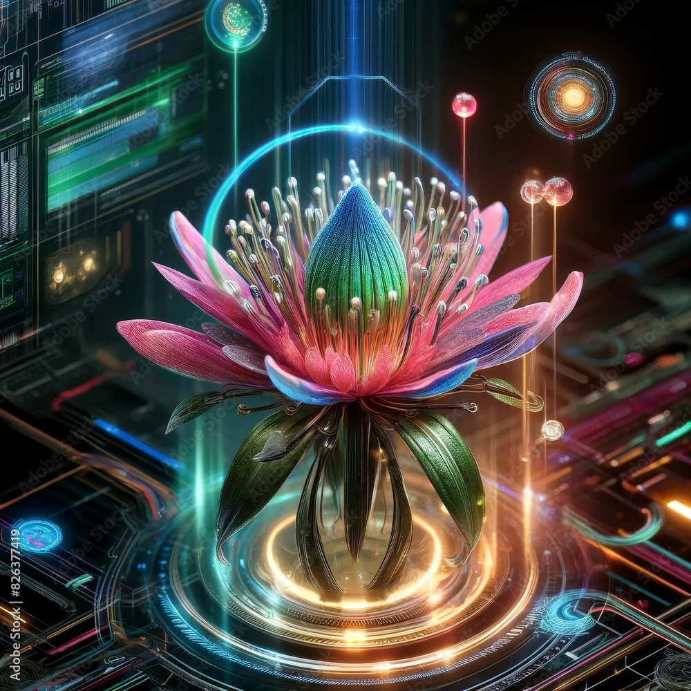A colorful digital flower blossoms amidst futuristic neon circuits, highlighting technological artistry and natures beauty in a cyber setting at night A colorful digital flower blossoms amidst futuristic neon circuits, highlighting technological artistry and natures beauty in a cyber setting at night
