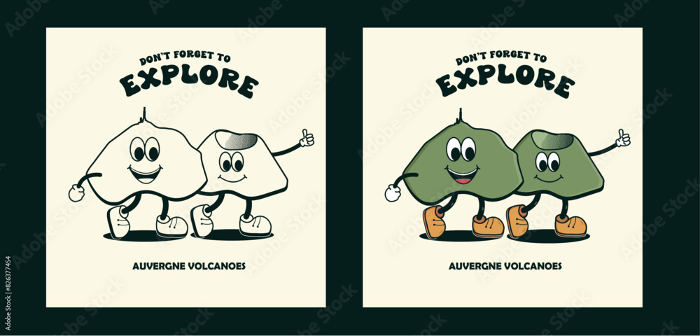 Puy de dôme Volcano and Puy Pariou Volcano. Funny volcanoes character with don't forget to explore typography. Cartoon style. promoting tourism in Auvergne. Volcanoes illustration - Stock vector Puy de dôme Volcano and Puy Pariou Volcano. Funny volcanoes character with don't forget to explore typography. Cartoon style. promoting tourism in Auvergne. Volcanoes illustration - Stock vector