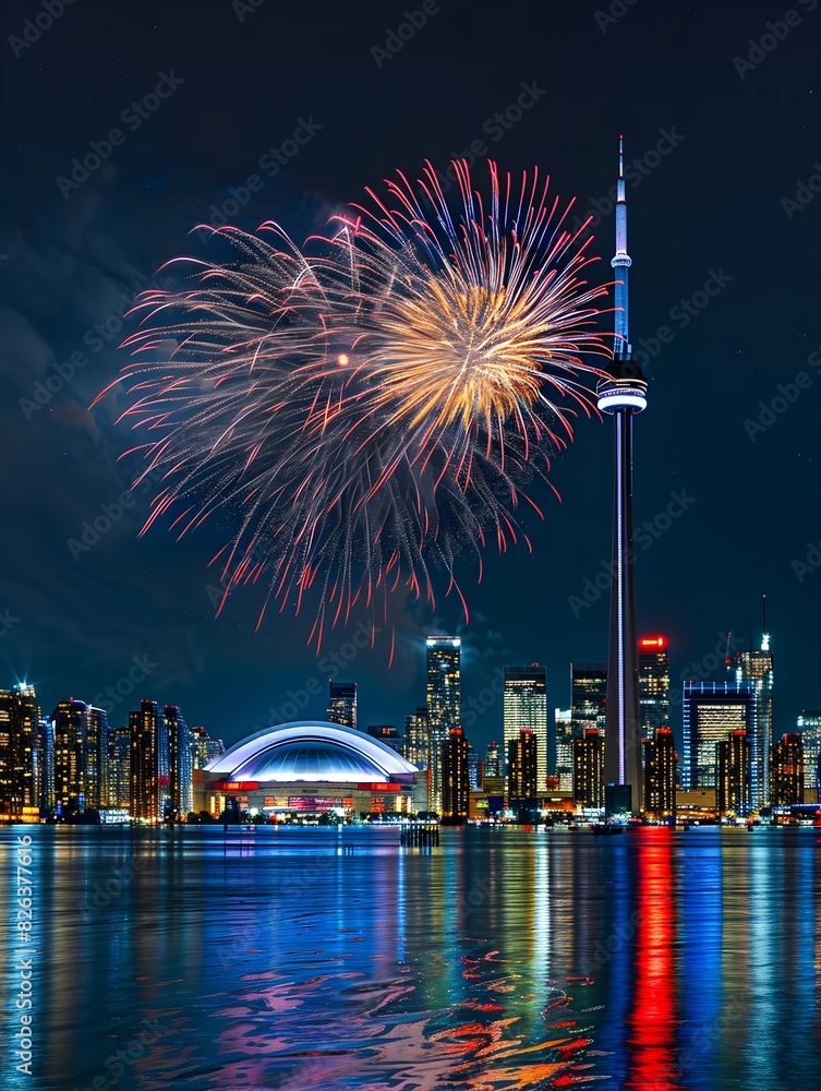 Captivating Fireworks Display Over Illuminated City Skyline on Celebratory Night Captivating Fireworks Display Over Illuminated City Skyline on Celebratory Night