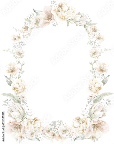 White Floral Bouquet Cream Pastel Watercolor Elegant Wedding Frame