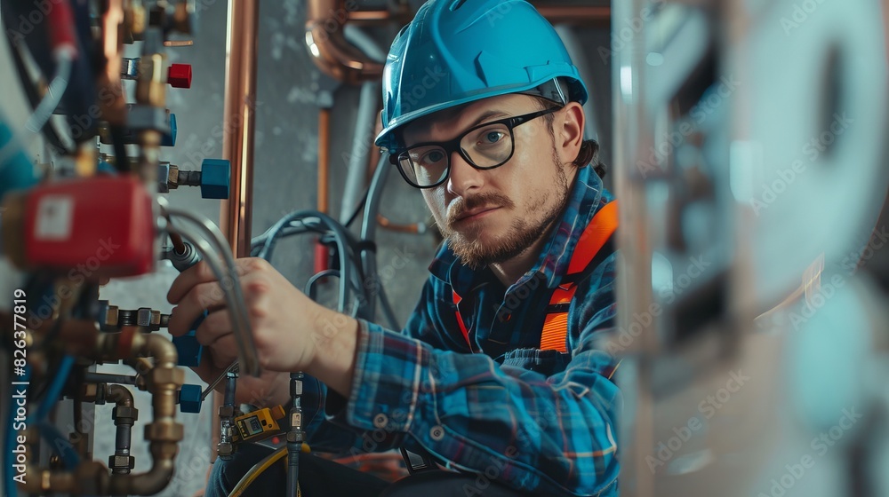 A worker in a blue helmet and glasses is repairing the heating system of an apartment building.