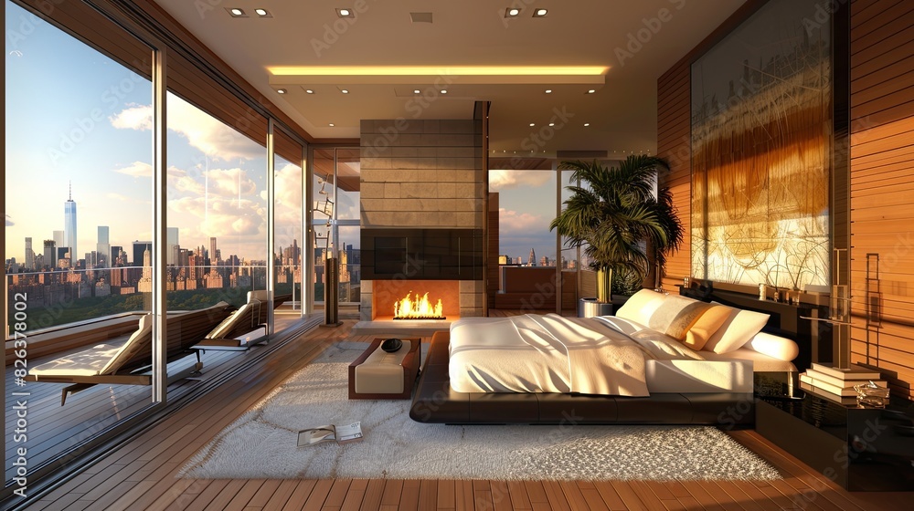 luxurious bedroom with a Manhattan penthouse theme, featuring elegant ... - Elegant Penthouse Bedroom Decorating Inspiration