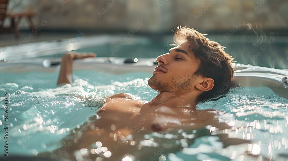 A young man is relaxing in a jacuzzi. 