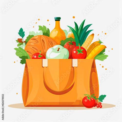 Papper bag with fresh food bread and fruits.
